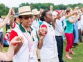 Poznan, POLAND - JULY 24, 2016: pilgrims praying, dancing and singing during Days In Dioceses just before The World Youth Day in