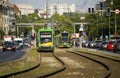 Poznan, Poland - June 2023: Street view with trams and cars