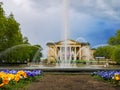 Poznan Poland May 10 2019 Big fountain and garden in front of Great theater