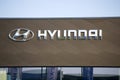 Poznan, Poland - May 2023: Hyundai logo on front of showroom