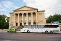 POZNAN, POLAND - May 30, 2018: Travel bus and Grand Theater building Royalty Free Stock Photo