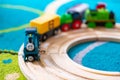 POZNAN, POLAND - Sep 12, 2020: Wooden toy train on a tra Royalty Free Stock Photo