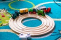 POZNAN, POLAND - Sep 12, 2020: Wooden toy train on a tra Royalty Free Stock Photo