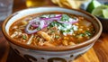 Pozole soup with red onion. AI generated.