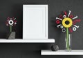 Mock up picture frame on white shelf with colorful digital flowers in glass vase and in a pot against black plaster wall, 3d illus Royalty Free Stock Photo