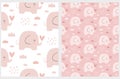 Baby Shower Seamless Vector Patterns with Sweet Baby Elephant. Royalty Free Stock Photo