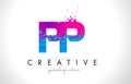 PP P Letter Logo with Shattered Broken Blue Pink Texture Design