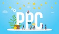 Ppc pay per click concept advertising business affiliate with big words and team people with money falling from sky - vector