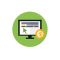 PPC - pay per click flat icon. Internrt advertising concept. The mouse on the monitor and coin. For website graphics, mobil Royalty Free Stock Photo