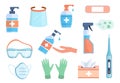 Ppe icons. Hand sanitizer bottles, antiseptic wipes and antibacterial liquid soap, med mask and respirator, gloves