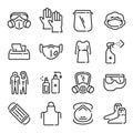 Ppe line icons. Medical covid-19 protection equipments. Outline doctor gown, face mask and shield, hair cover, apron and