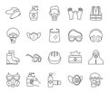 Ppe line icons. Protection equipments, masks and goggles, doctor gown, gloves and shield, sanitizer gel and spray, hair