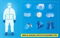 Set of medical personal protective equipment or medical suit cloting or medical safety equipment concept. eps 10 vector Royalty Free Stock Photo
