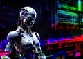 PPortrait of a female robot on a hi-tech abstract background with neon lights and stock quotes.
