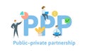 PPP, Public-private partnership. Concept with keywords, letters and icons. Flat vector illustration. Isolated on white