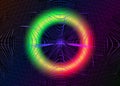 Psychedelic grid with luminescent neon round. Bright abstract retro futuristic background, distorted holographic pearly neon mesh