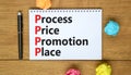 PPPP process price promotion place symbol. Concept words PPPP process price promotion place on the note on beautiful wooden