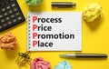 PPPP process price promotion place symbol. Concept words PPPP process price promotion place on white note on beautiful yellow