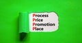 PPPP process price promotion place symbol. Concept words PPPP process price promotion place on white paper on beautiful green