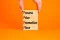 PPPP process price promotion place symbol. Concept words PPPP process price promotion place on wooden blocks on beautiful orange