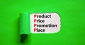 PPPP product price promotion place symbol. Concept words PPPP product price promotion place on white paper on beautiful green