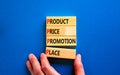 PPPP product price promotion place symbol. Concept words PPPP product price promotion place on wooden blocks on beautiful blue