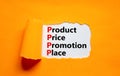 PPPP product price promotion place symbol. Concept words PPPP product price promotion place on white paper on beautiful orange