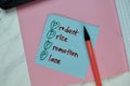 PPPP - Product Price Promotion Place write on sticky note isolated on Wooden Table. Business concept
