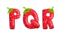 PQR Ripe Fresh Strawberry Alphabet Letters, Tasty Bright Jelly Red Berry Font Cartoon Vector Illustration Royalty Free Stock Photo