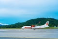 The PR PDO propeller-driven passenger aircraft prepares for takeoff at the airport on the island of Langkawi