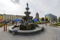 Prabuty, pomorskie / Poland - September, 25, 2020: A fountain and a market square in a small town. Town center in Central Europe Royalty Free Stock Photo