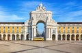 Praca do Comercio with yellow tram, Lisbon, Portugal Royalty Free Stock Photo