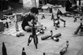 Prachuapkhirikhan,Thailand -October 14, 2016: Unidentified children performs array the bottle at thai traditional market