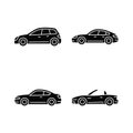 Practical sports cars black glyph icons set on white space