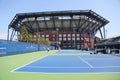 Practice courts and newly Improved Arthur Ashe Stadium at the Billie Jean King National Tennis Center