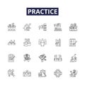 Practice line vector icons and signs. Rehearse, Exercise, Repeat, Practise, Polish, Study, Train, Persist outline vector