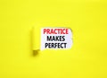 Practice makes perfect symbol. Concept words Practice makes perfect on beautiful white paper. Beautiful yellow background.