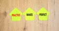 Practice makes perfect symbol. Concept words Practice makes perfect on beautiful yellow paper house. Beautiful wooden background.