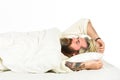 Practice relaxing bedtime ritual. Man with sleepy face lay on pillow. Fast asleep concept. Man with beard relaxing