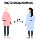 Practice social distancing banner. Two females wearing medicine masks keeping 2 metres distance. Coronavirus epidemic protective