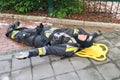 Practicing dummy for firefighters on a strecher