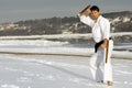 Practicing martial arts with tonfa in the snow