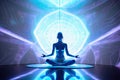 practicing yoga on digital holographic background with peaceful music