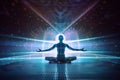 practicing yoga on digital holographic background with peaceful music