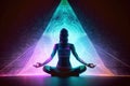 practicing yoga on digital holographic background with peaceful music