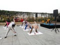 Practise yoga, Child`s pose at the hotel in early morning