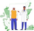 Medicine concept with black doctor and old patient on plant background