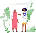 Medicine concept with black doctor and old patient on plant background