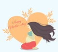 Pregnant woman with long brown hair. Woman expecting baby. Happy mother`s day greeting card! Big heart background. Cute illustrat