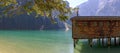 Lake Pragser Wildsee with building on stilts Royalty Free Stock Photo